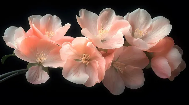 Zarte aprikosenfarbene Blüten auf schwarzem Hintergrund