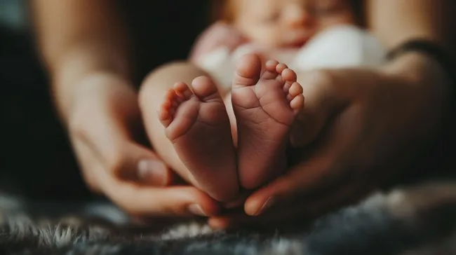 Zarte Babyfüßchen in mütterlichen Händen