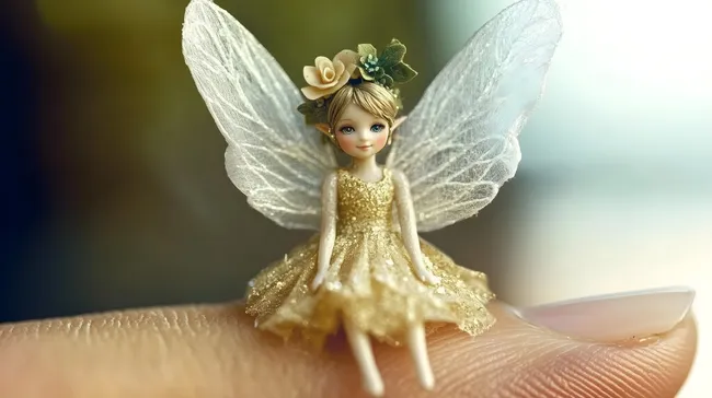 Zarte Feenfigur in Glitzerkleid auf Fingerspitze