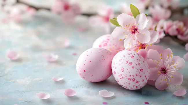 Zarte Frühlingsblüten mit bunten Ostereierdeckorationen