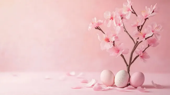 Zarte Frühlingsblüten mit Ostereiern