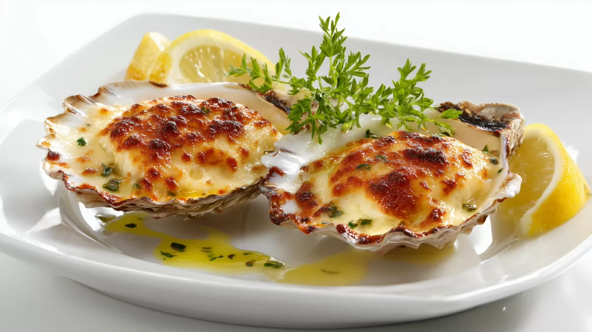 Zarte gratinierte Austern mit Zitrone auf Teller