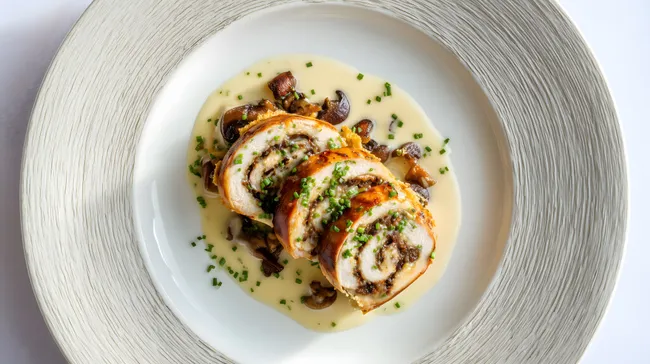 Zarte Hähnchenrolle mit Pilzen in cremiger Sauce