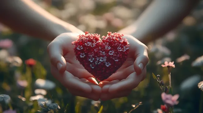 Zarte Herzen aus roten Blüten in liebevollen Händen