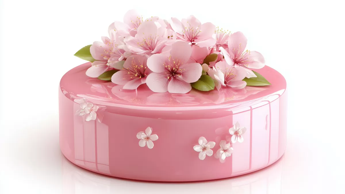 Zarte Kirschblüten auf rosarotem Servietentörtchen