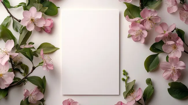 Zarte Kirschblüten umrahmen weißen Leerraum