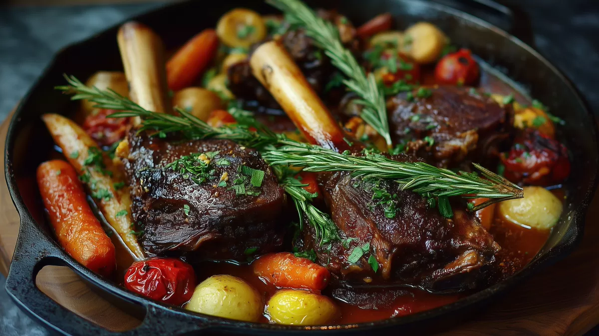 Zarte Lammhaxen mit Wurzelgemüse in Gusseisenpfanne
