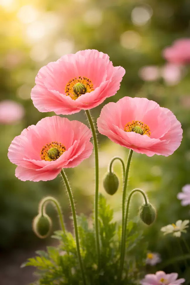 Zarte Mohnblumen im sonnigen Sommergarten