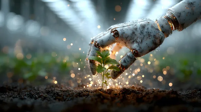 Zarte Pflanze wächst aus Erde durch Roboterhand