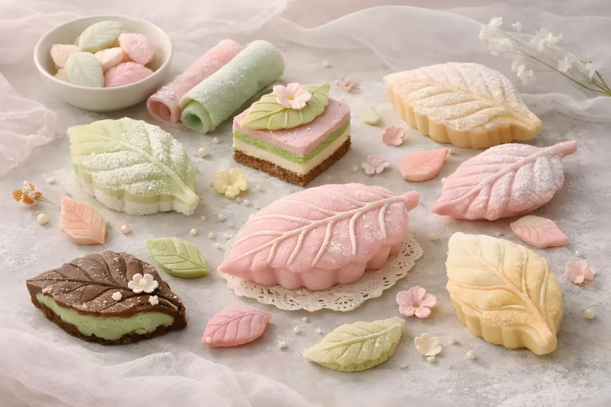 Zarte Reiskuchen in Blattform mit Pastellfarben