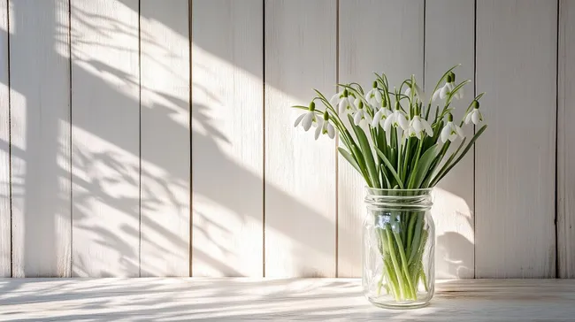 Zarte Schneeglockenblüten in rustikaler Glasvase