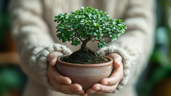 Zarter Bonsaibaum in Händen - Symbol natürlicher Verbundenheit