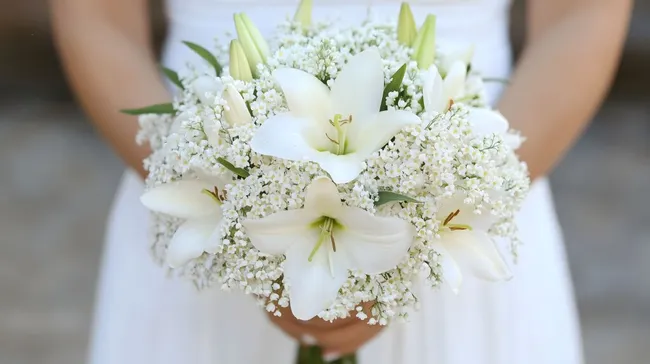 Zarter Hochzeitsstrauß mit weißen Lilien und Schleierkraut