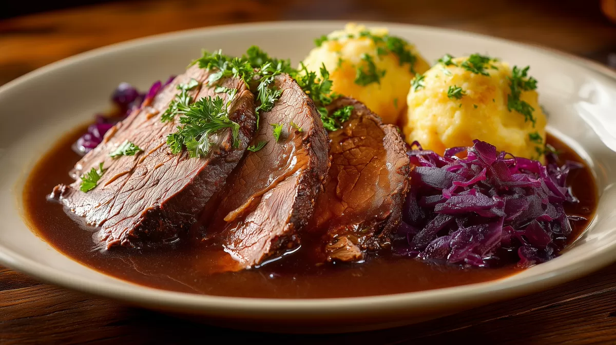 Zarter Rinderbraten mit Rotkohl und Klößen