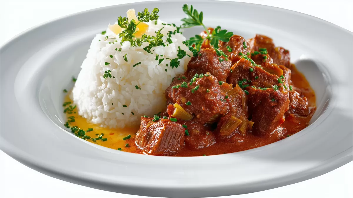 Zartes Artischocken Gulasch mit Reis auf weißem Teller