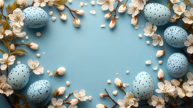Zartes Frühlingsdekor mit gesprenkeltblauen Ostereiern