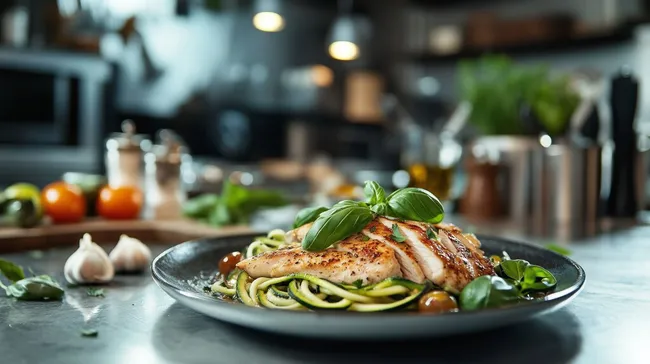 Zartes Hähnchenfilet mit frischem Basilikum und Zucchini-Nudeln