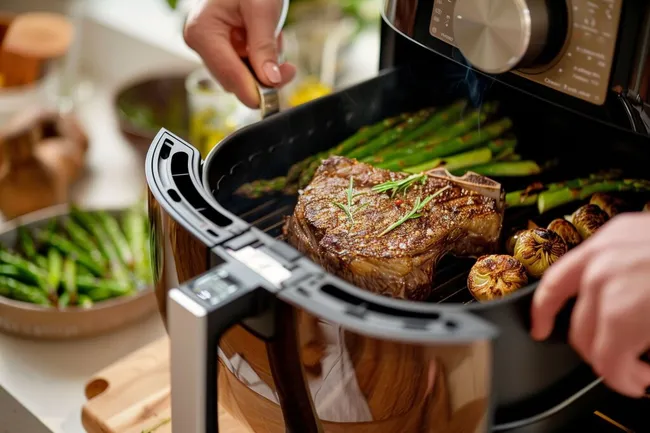 Zartes Steak in Heißluftfritteuse gegrillt mit knackigem Spargel