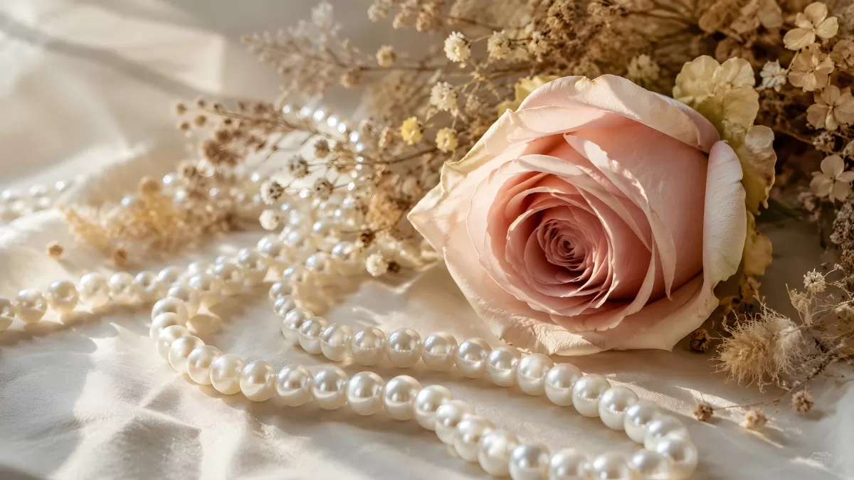 Zartrosa Rose mit Perlen und Trockenblumen