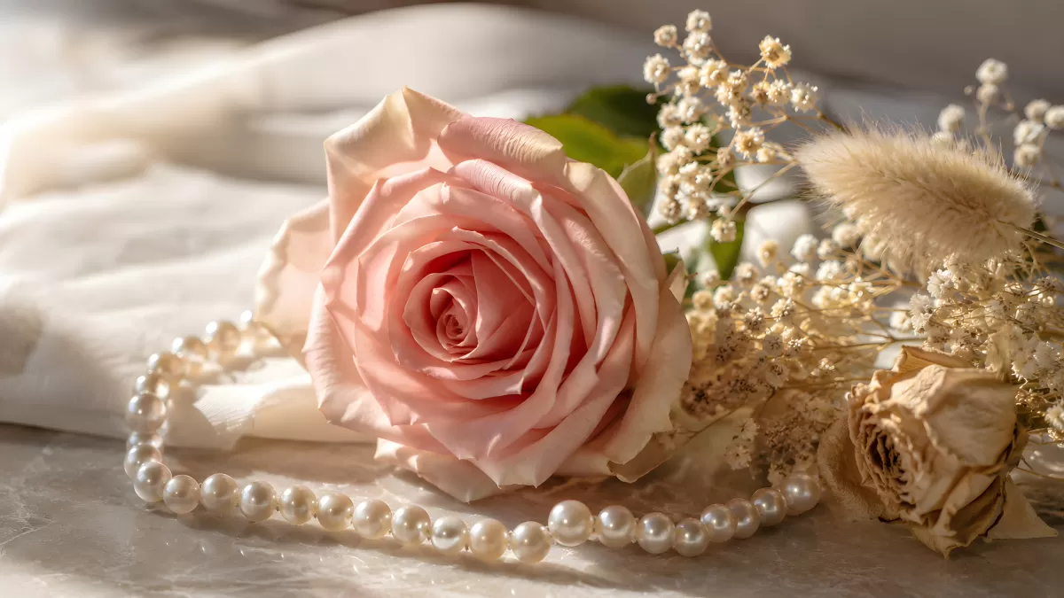 Zartrosa Rose mit Perlenkette und Trockenblumen