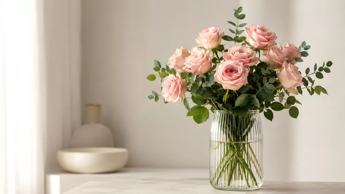 Zartrosa Rosen in Glasvase auf hellem Untergrund