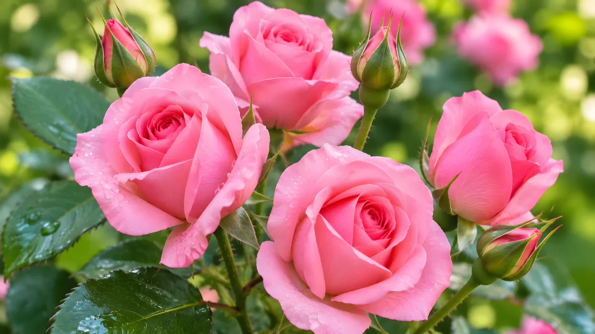 Zartrosa Rosen mit Tautropfen im Sommergarten