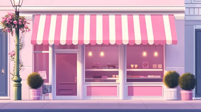 Zauberhaft gestaltetes Backgeschäft mit rosafarbener Markise