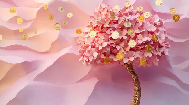 Zauberhafte goldene Geldbaum-Blüten vor rosa Berglandschaft