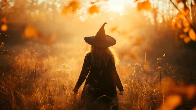 Zauberhafte Herbsthexe im goldenen Licht