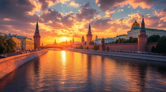 Zauberhafte Sonnenuntergangsstimmung am Kreml in Moskau