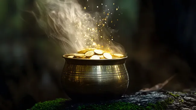 Zauberhafter Goldtopf mit funkelnden Münzen