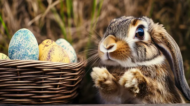 Zauberhafter Osterhase mit bunten Eiern im Korb