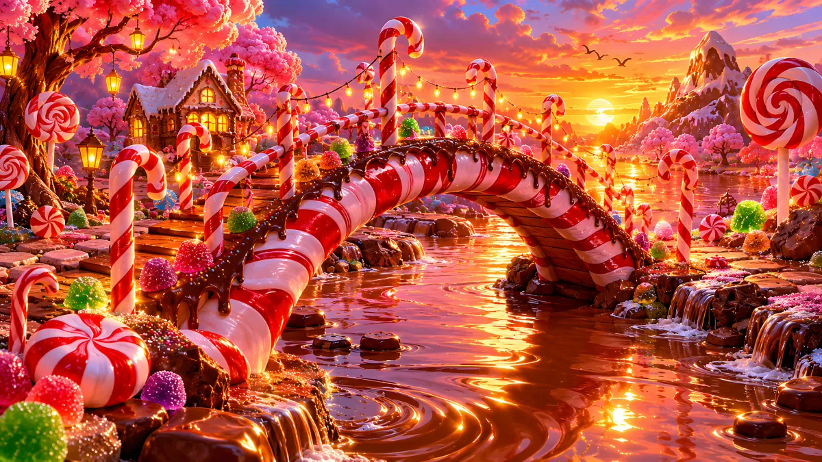 Zauberhaftes Bonbonland mit Schokoladenfluss im Sonnenuntergang