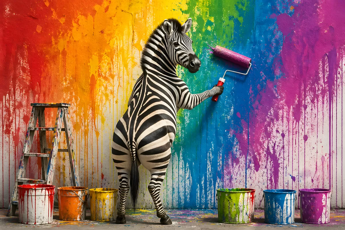 Zebra malt bunte Regenbogenwand mit Farbroller