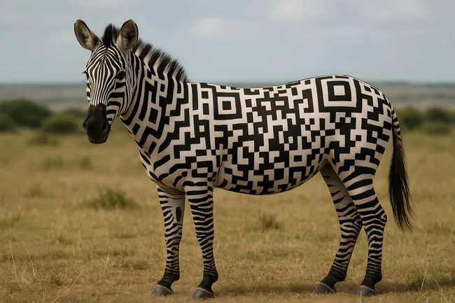 Zebra mit grafischem QR-Code-Muster auf Savanne