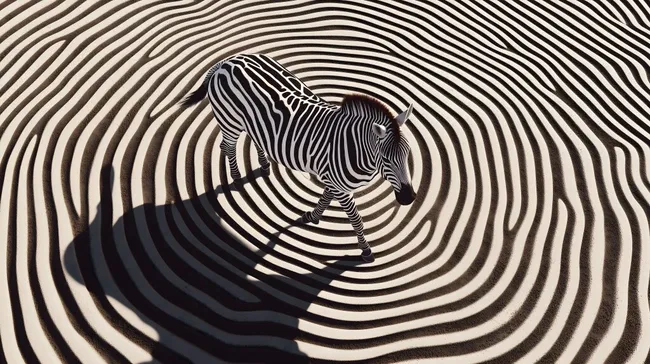 Zebra vor hypnotischem Streifenmuster