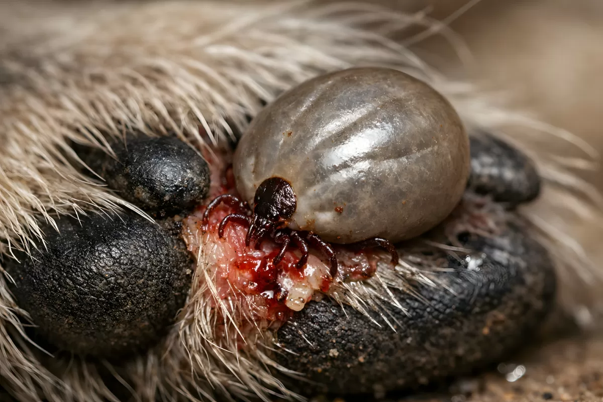 Zecke auf Hunde-Pfote
