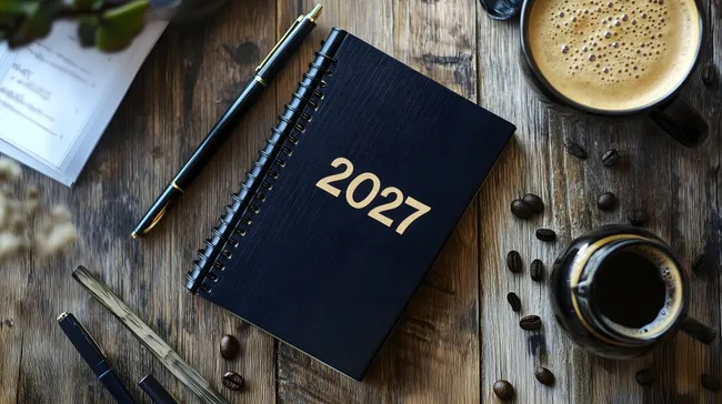 Zeitloser 2027 Kalender mit Kaffeededekoration auf Holzuntergrund