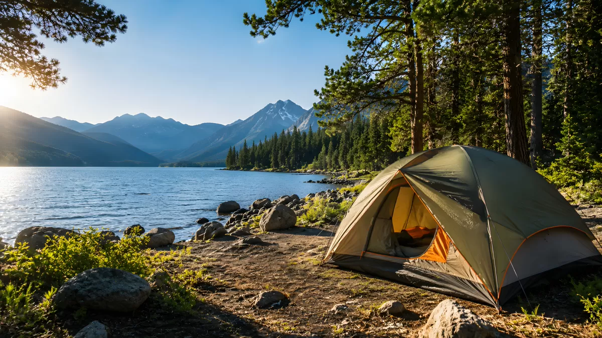 Zelt am Bergsee bei Sonnenaufgang im Wald
