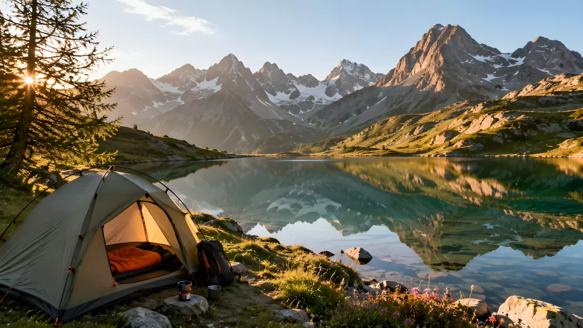 Zelt am Bergsee bei Sonnenaufgang in den Alpen