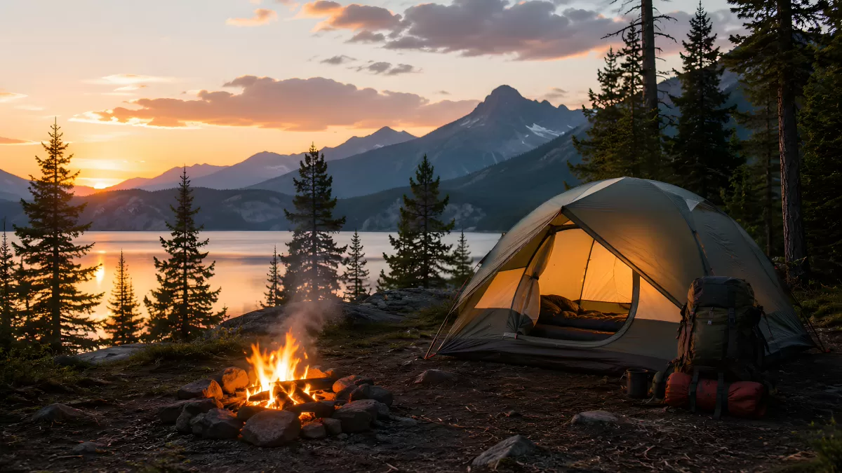 Zelt am Bergsee bei Sonnenuntergang mit Lagerfeuer