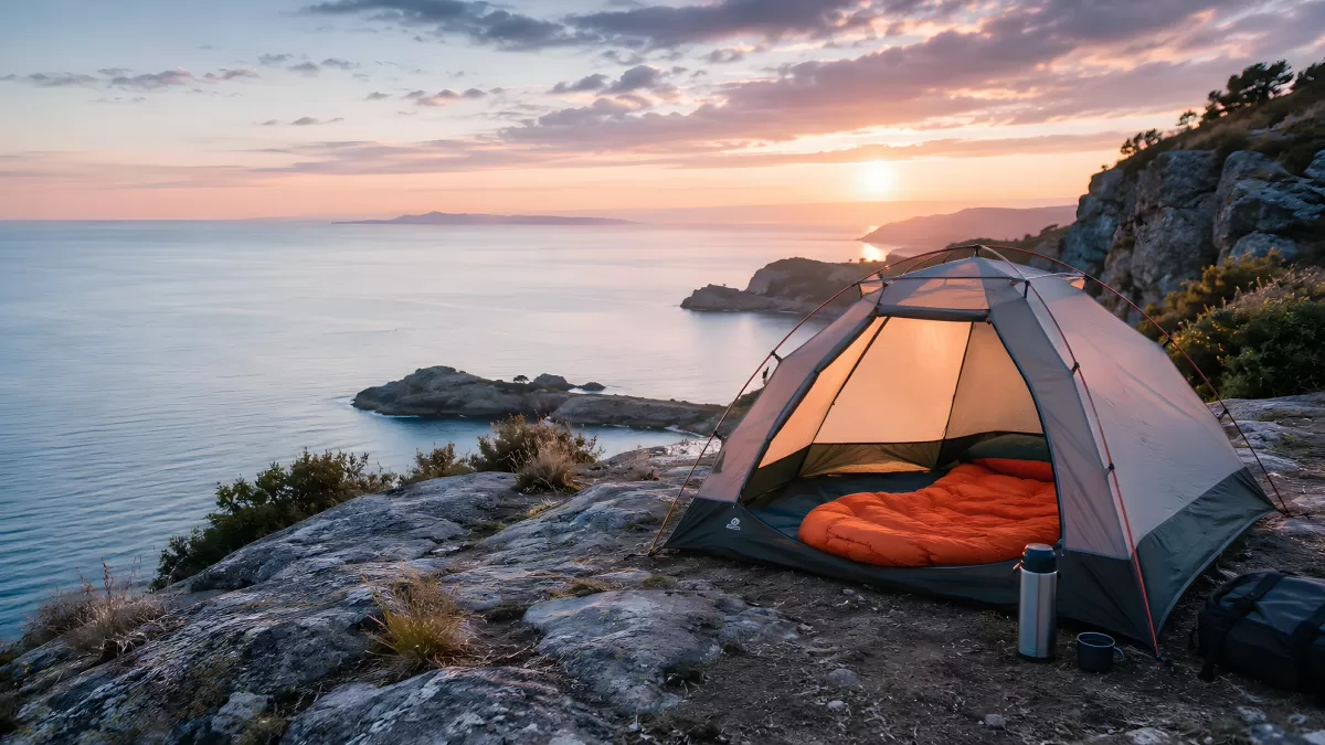 Zelt auf Felsen mit Meerblick beim Sonnenuntergang