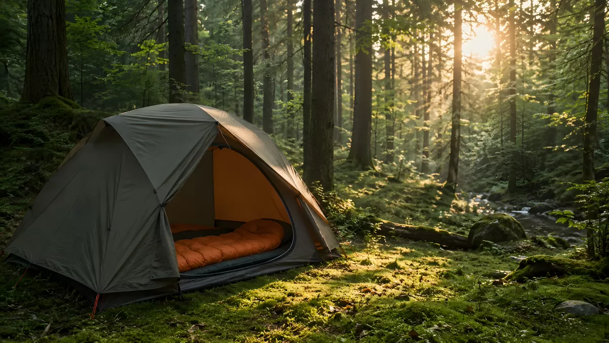 Zelt im Wald bei Sonnenaufgang auf Moosboden