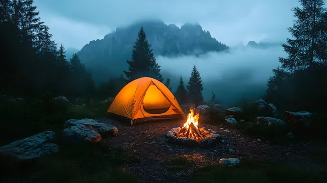 Zelt und Lagerfeuer in mystischer Berglandschaft