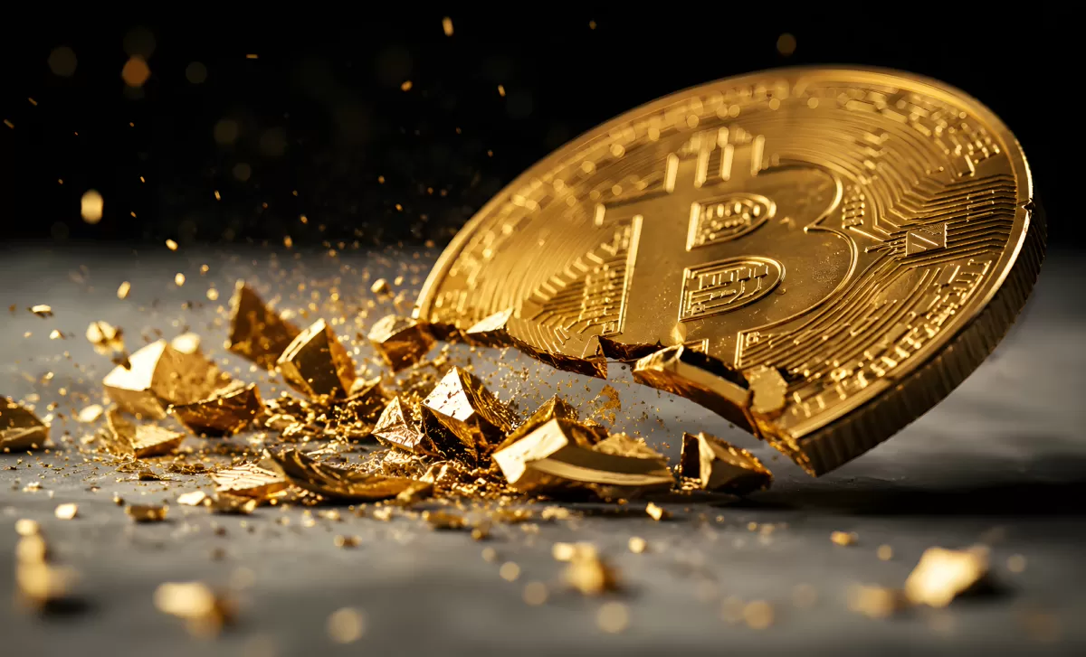 Zerbrochene Bitcoin-Münze aus Gold in Nahaufnahme