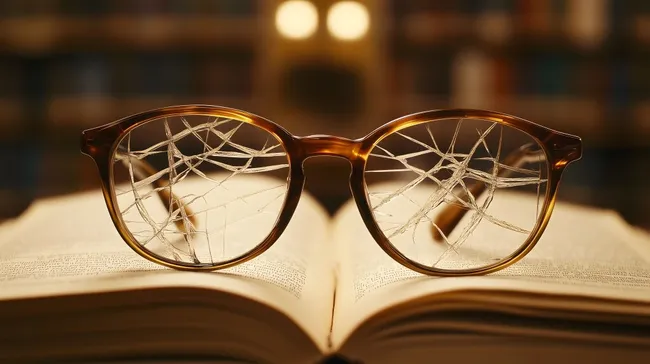 Zerbrochene Brille auf geöffnetem Buch