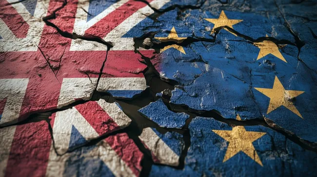 Zerbrochene britische und europäische Flaggen als Brexit-Symbol