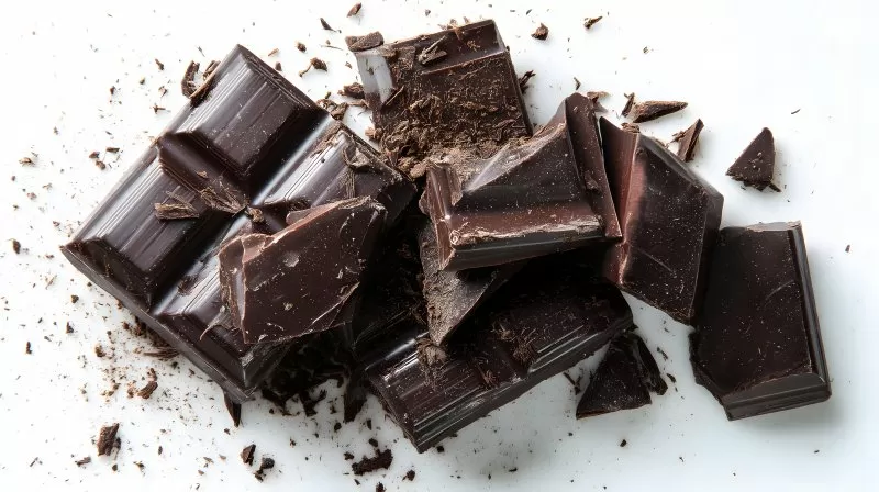 Zerbrochene dunkle Schokolade mit Krümeln auf weißer Fläche