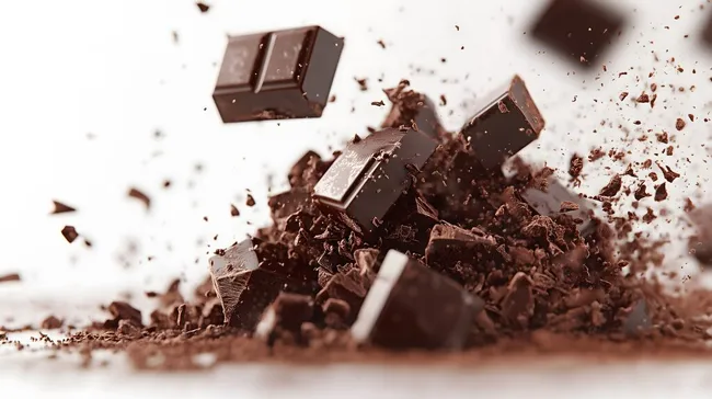 Zerbrochene dunkle Schokoladentafeln in Bewegung