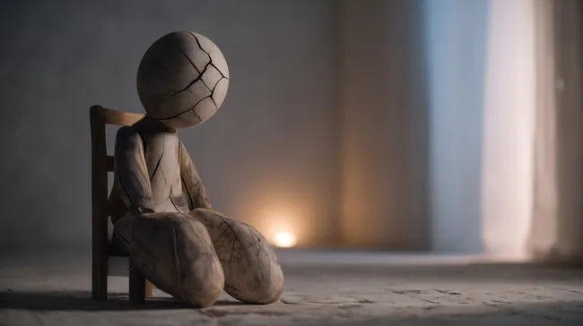 Zerbrochene Holzpuppe auf Stuhl - Symbolik für psychischen Missbrauch